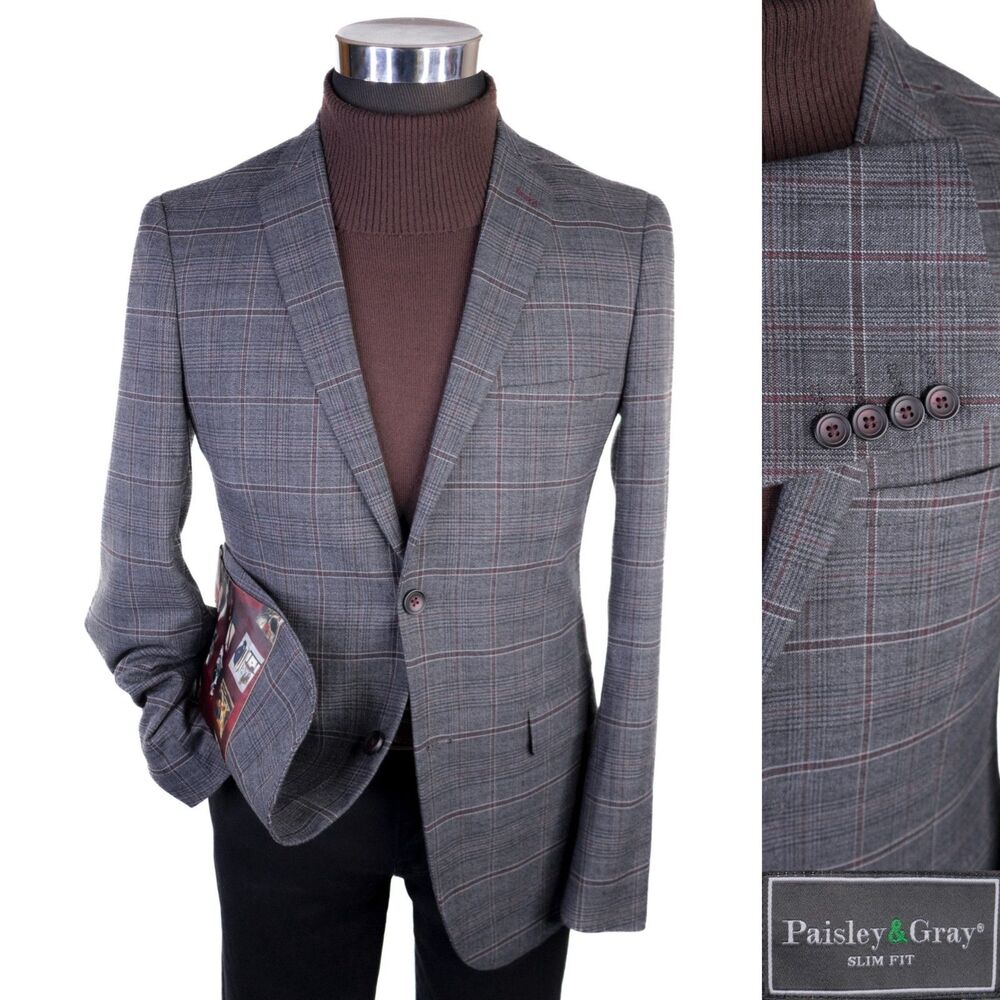 Paisley & Gray Slim Fit Blazer Sport Coat Sz 38R Two Button Plaid Gray Jacket